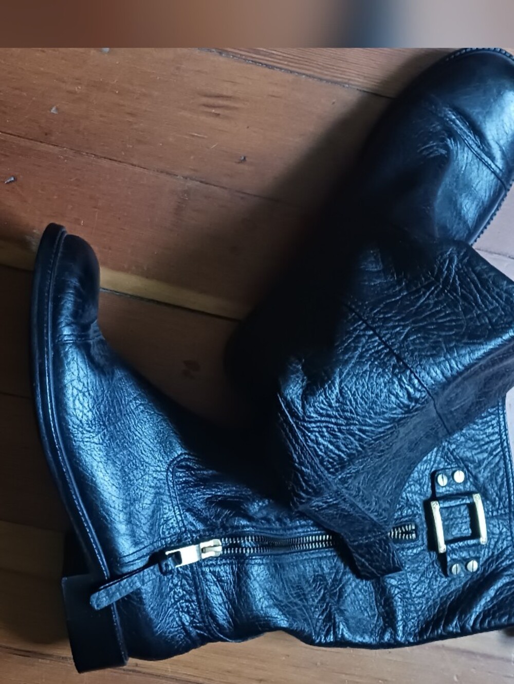 Tory Burch Black Leather Mid-Calf Boots with Gold Hardware